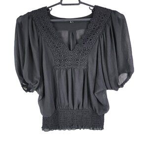 Women's Black XOXO Sheer V Neck Blouse Top With Crochet Detail Size L